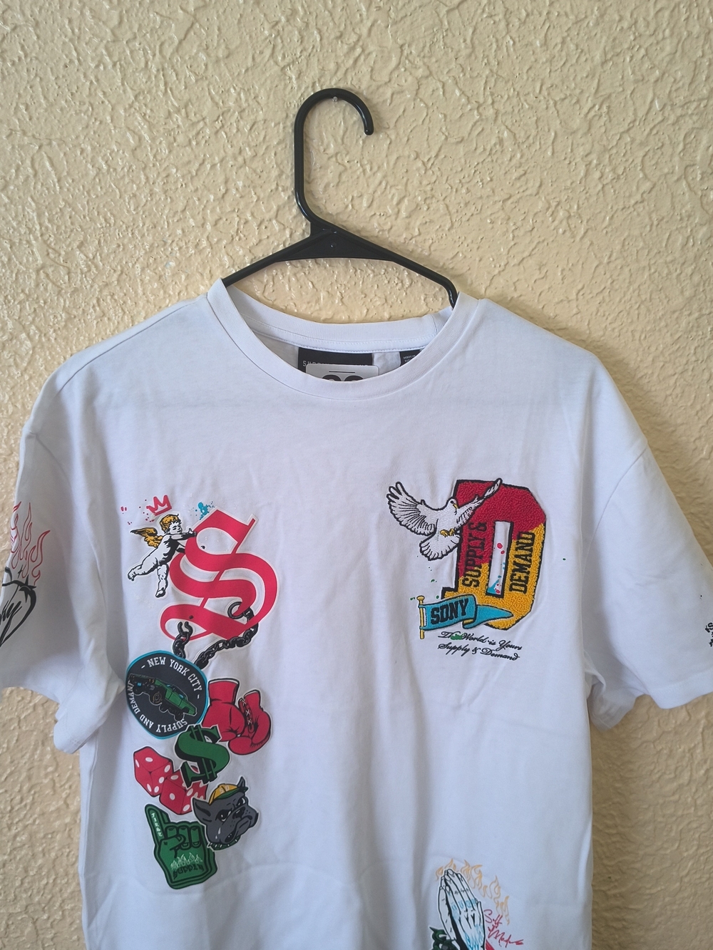 Mens Supply And Demand Graphic Crewneck T-Shirt with Multicolor Prints